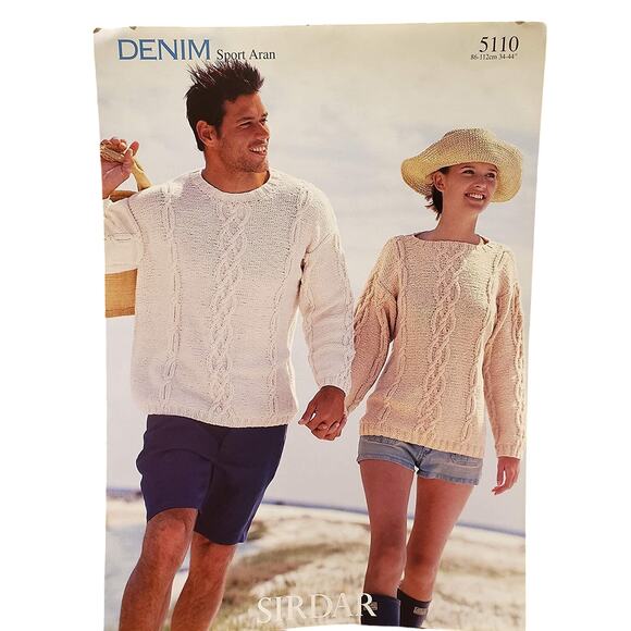New Sirdar 5110 Denim Sport Aran Mens Womens Cabled Sweater Knitting Pattern - Picture 2 of 3